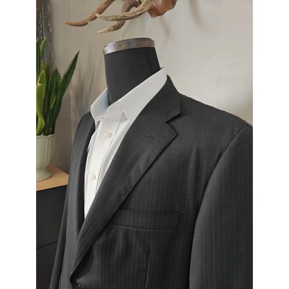 Hickey Freeman Mens Sport Coat 44L Black Herringbone Wool 2 Button Made in USA
